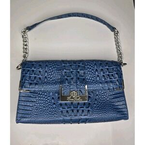 Mark Fisher Women's Purse Handbag Blue Croc Print Faux Chain Clutch Gold Snap